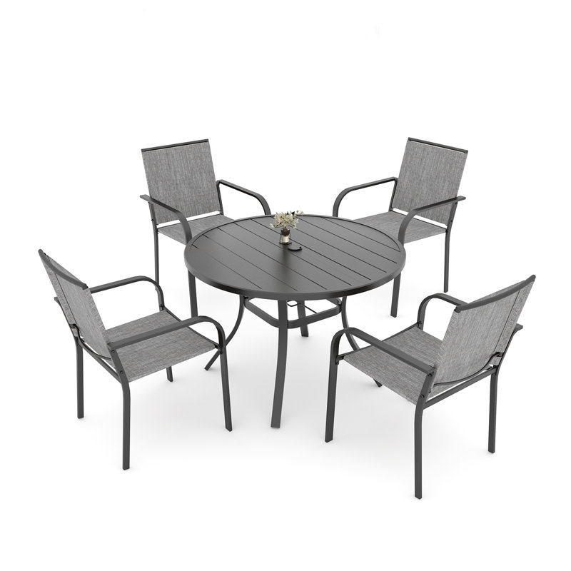 Ensemble repas pour 4 personnes avec table ronde, Noir/gris