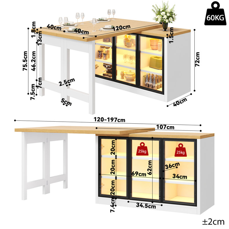 Extendable Sideboard & Dining Table Combo with LED Lighting, Push-to-Open Glass Display Cabinet, Space-Saving Design