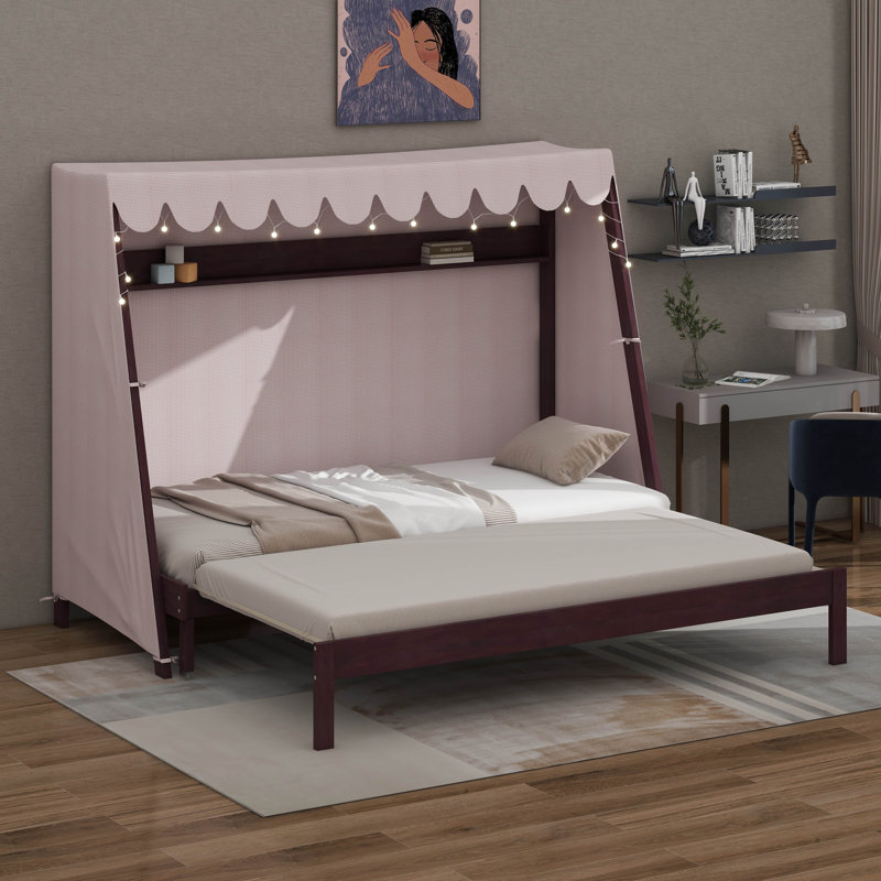 Lit simple TG, lit gigogne en bois de pin, cadre de lit, lit pour enfant avec tente écossaise rose, lumière DEL, tablette, lit gigogne escamotable