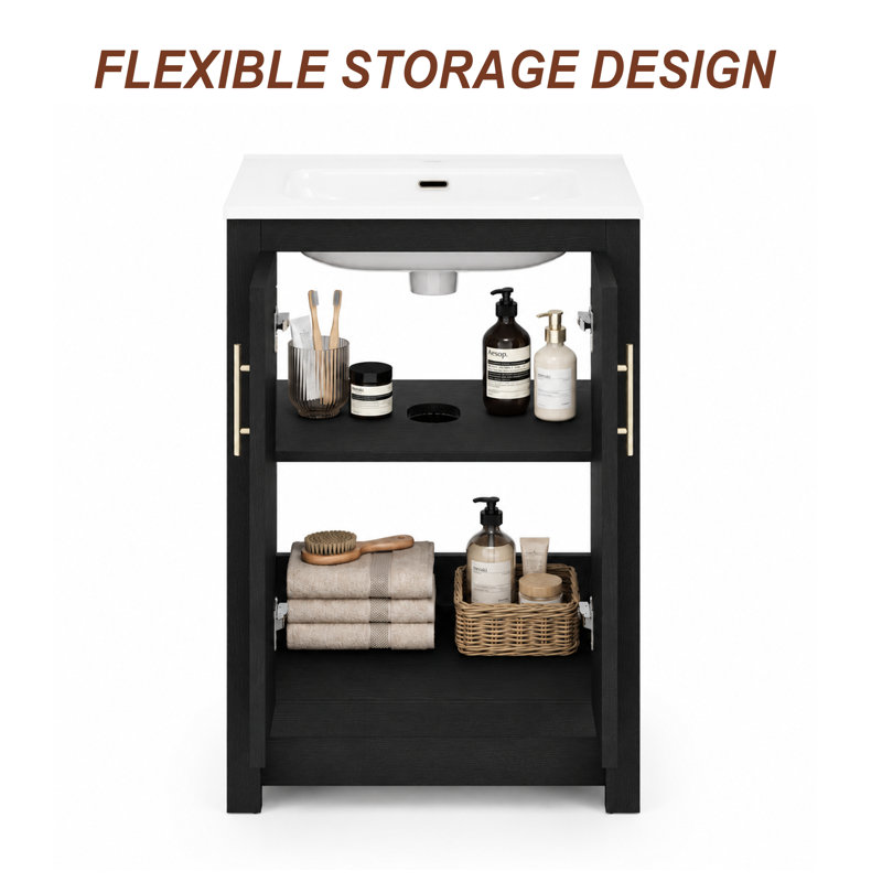 Meuble-lavabo autoportant simple de 24 po avec lavabo en céramique Lumina, noir, contreplaqué de bois franc, portes à fermeture en douceur et rangement réglable intérieur