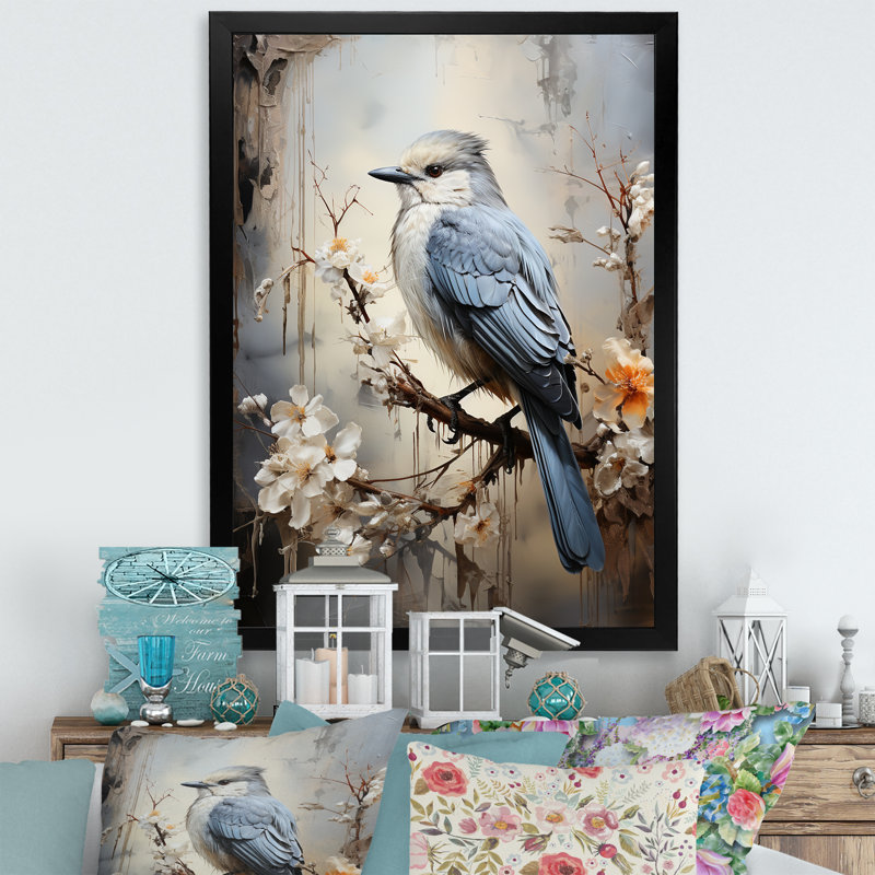 «Misty Blueray Bird on Branch II», reproduction d'art mural, H 44 po x l 34 po x P 1,5 po, Cadre simple noir