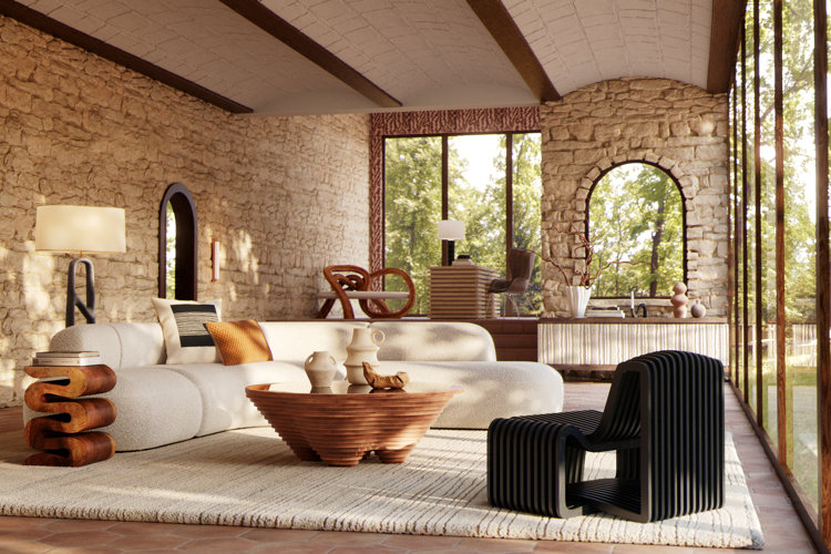 Modern living room with an earth toned color palette, including a white sectional sofa, rich wood furniture, and stone walls.