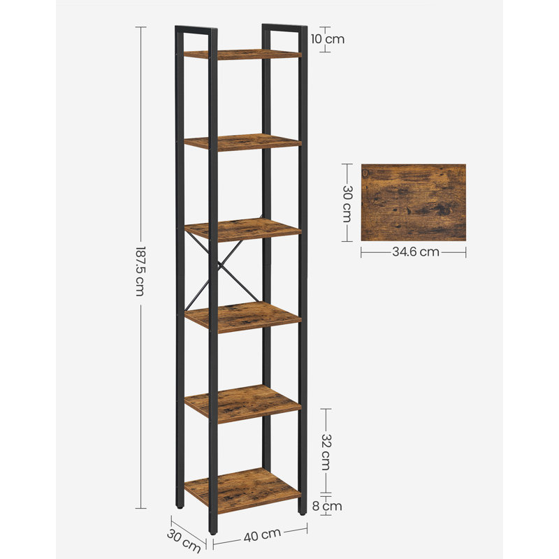 Lakesha Etagere Bookcase, Rustic Brown/Black, (6 Shelves) 187.5cm H x 40cm W x 30cm D