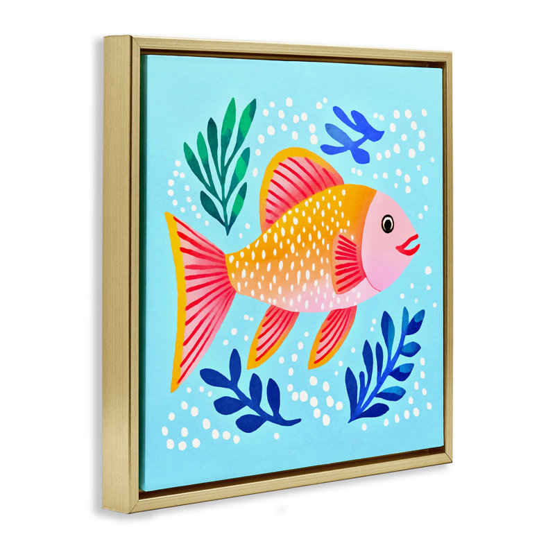 "Whimsical Fish & Seaweed", art mural encadré flottant par Andrea Haase, Cadre flottant métallique doré, H 25 po x l 25 po