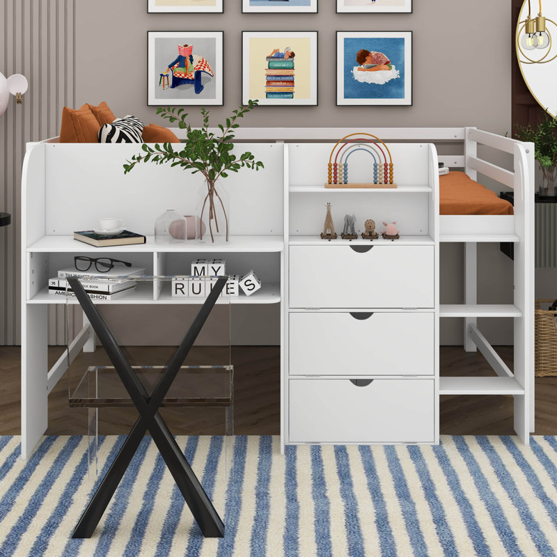 Full Size Low Loft Bed With Built-In Desk, Loft Bed With Storage Cabinets And Open Bookcase, Whiteboard For Graffiti, White