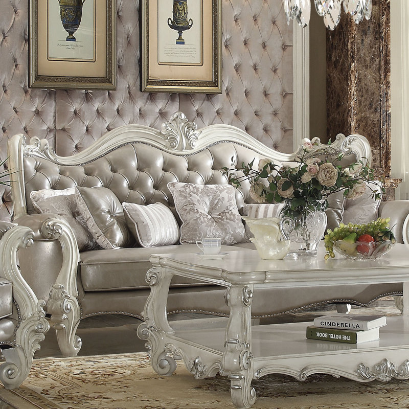 Canapé Versailles avec 7 coussins en gris rétro et blanc os, Similicuir gris, Blanchies