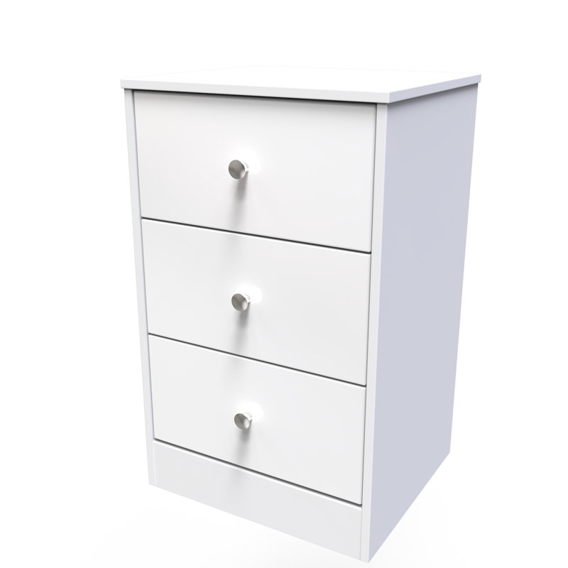 Fully Assembled Alafia 3 Drawer Bedside Table, White, White