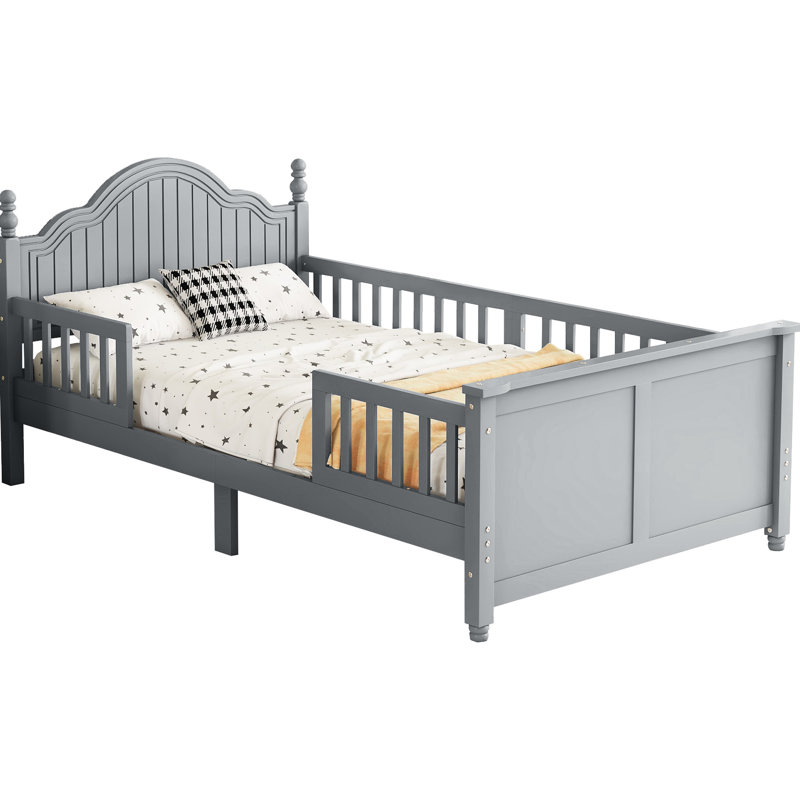 Gray Twin Bed For Little , Wood Platform With Headboard, And Protective Rails, Low Profile Secure Sleep, Under Storage Area