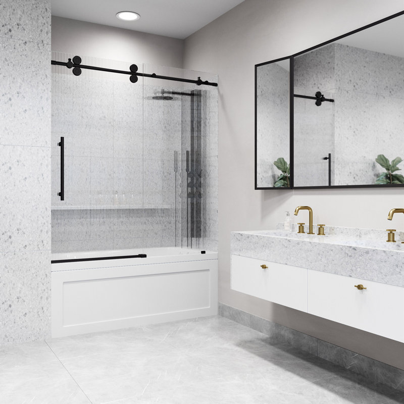 Elan 56-60" W x 66" H Sliding Frameless Tub Door with 3/8" Fluted Glass, Matte Black