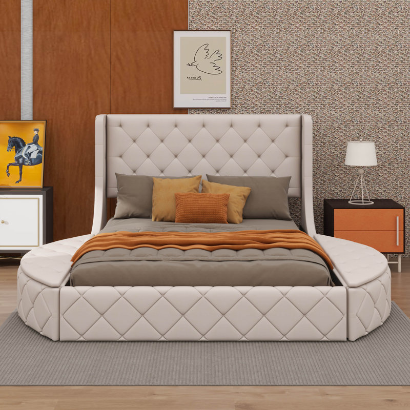Lit tapissier en velours avec tête de lit à oreilles et tabouret de rangement 2 côtés, Beige