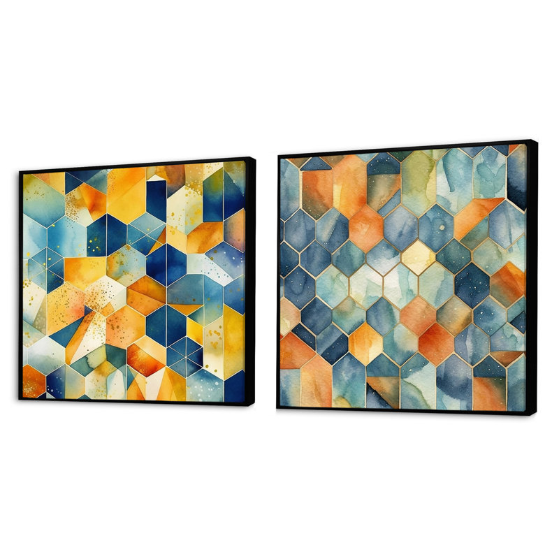 Réflexions apaisantes scandinaves - Ensemble de 2 collages carrés à formes abstraites, Cadre flottant noir, H 16 po x l 33 po