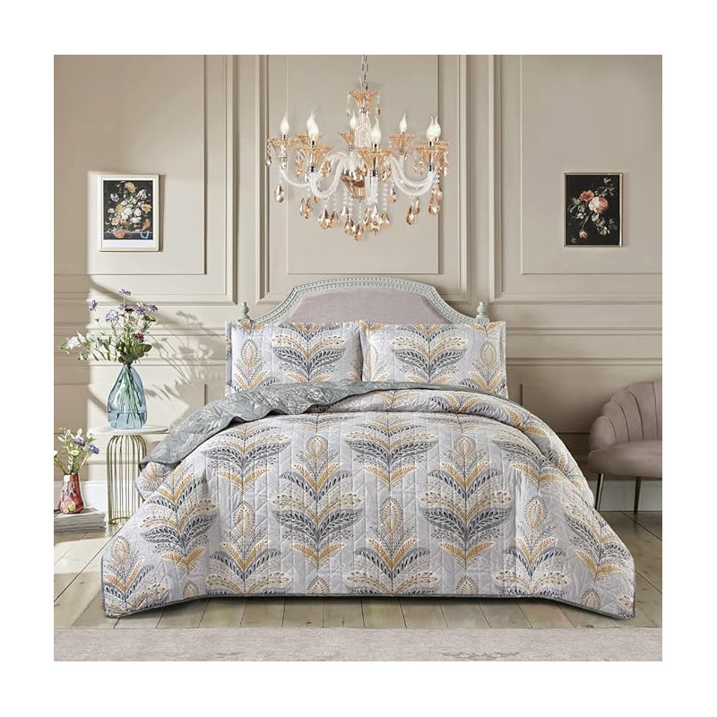 Andrena Microfiber Bedspread with Pillow Shams, Silver, Single Bedspread + 1 Standard Pillow Sham, Floral