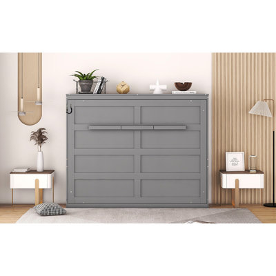 Lit double mural pleine grandeur gris, option peu encombrante pour les petits espaces, appartements sans sommier requis, support de matelas flexible