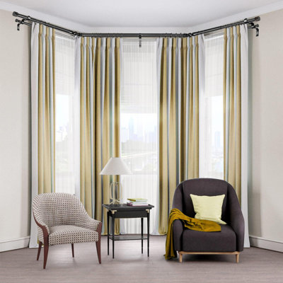 1 Inch Heavy Duty Double Bay Window Curtain Rod, 36-72 Inch Telescoping Centre Rod, 20-36 Inch Adjustable Side Rod Set, Black, End Cap Finials