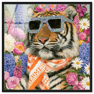 « Tigre en fleurs au printemps », impression acrylique encadrée, style rétro, par Art Remedy, cadre noir, 40,6 x 40,6 cm