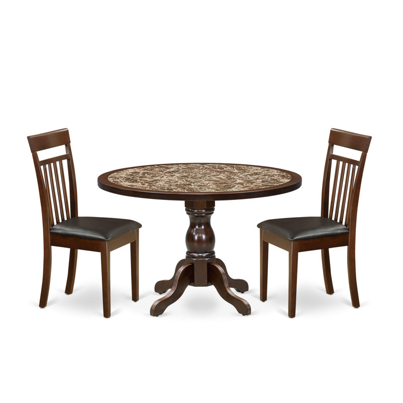 3-Pc Mid Century Dining Set Include a Table with Rippled Sand Marble Pattern Tabletop and 2 Mahogany Faux Leather Chairs, Mahogany