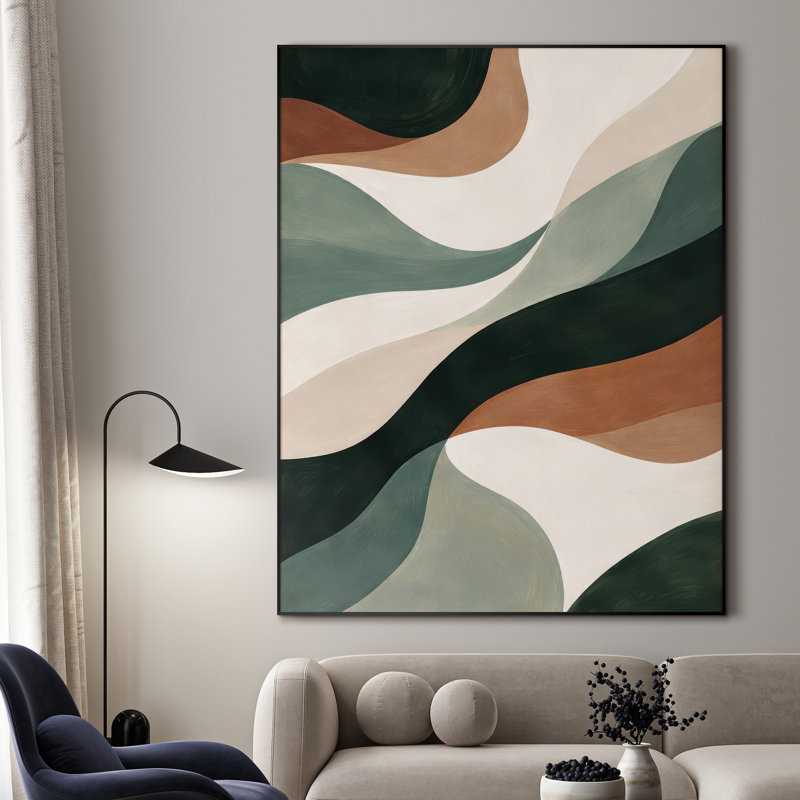 Très grand imprimé mural d'art sur tissu - Neutre vert et courbes fluides brunes, conception organique moderne pour le salon - «Assemblage requis du cadre (cadre non fini)»