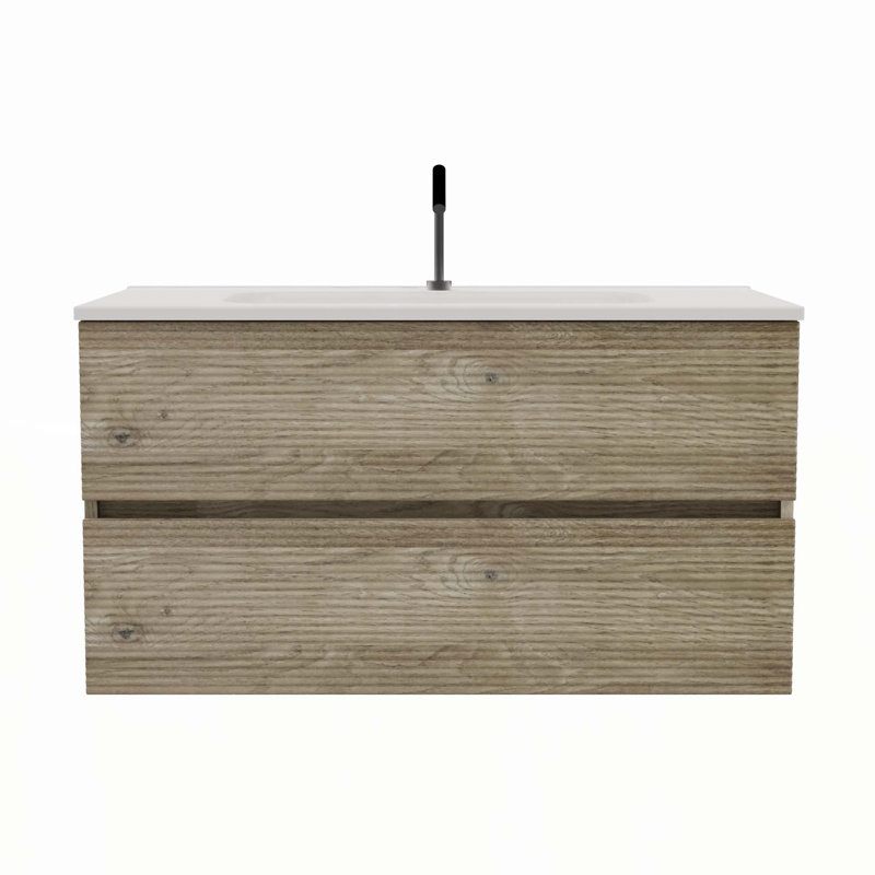 Meuble-lavabo moderne avec lavabo intégré et rangement abondant, Chêne