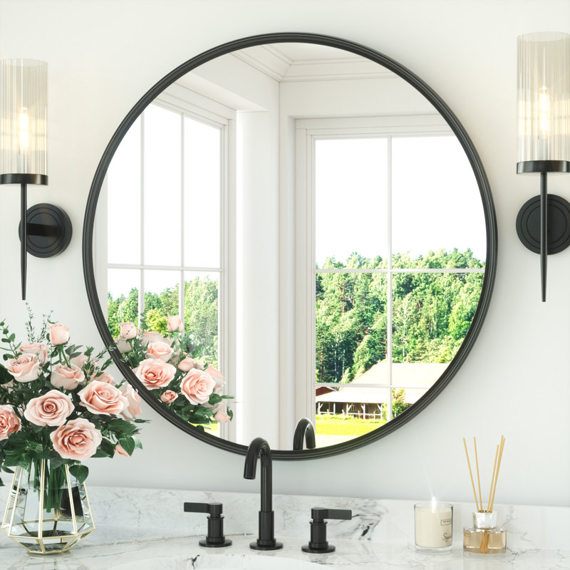 Round Bathroom Mirror with Tempered Glass, 32" x 32", Black