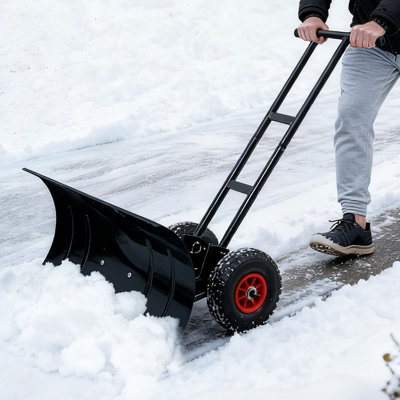 Heavy-Duty Metal Rolling Snow Shovel Pusher with Wheels, 7-Position Angled Blade, and Adjustable Handle
