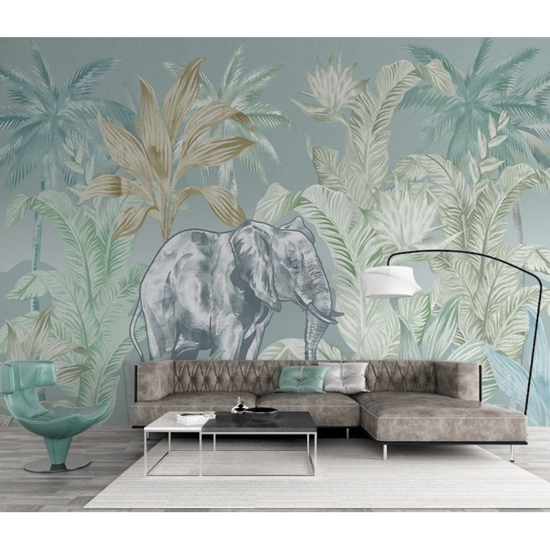 Papier peint amovible bébé éléphant et feuilles tropicales, L 75 po x l 112 po
