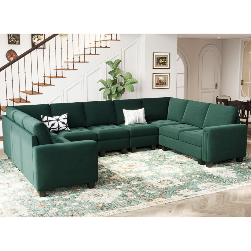 Shavera 8 - Piece Large U Shaped Corner Sofa Sectional Modular Sofa Living Room Couch Party Room Sofa, Green Velvet