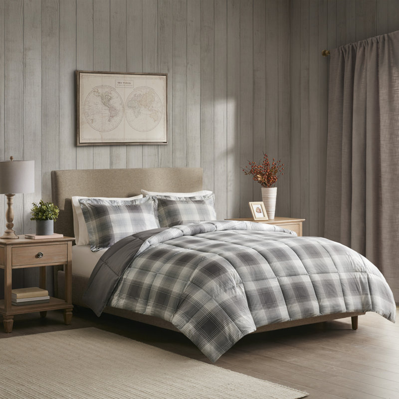 Twin Gray Plaid Down Alternative Microfiber Comforter Set