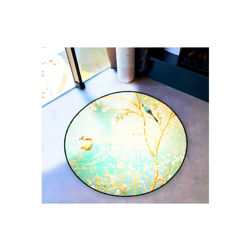 Woven Base Modern Decorative Carpet With Blue Branch And Bird Details, Round 2'8"