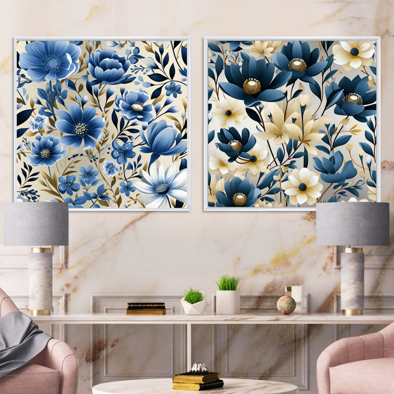 Doynton - Ensemble de 2 collages carrés floraux, H 16 po x l 33 po, Cadre flottant blanc