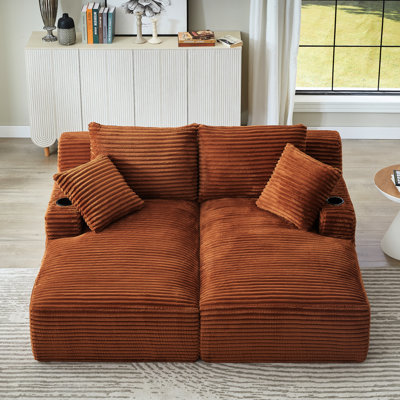 Double méridienne compressible en velours côtelé orange avec porte-gobelets, rembourrage à ressorts pour un soutien dans le salon, utilisation instantanée après le déballage et coin détente, aucun assemblage requis