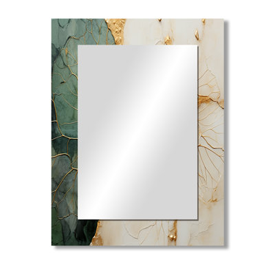 Green Gold Minimalism Poteries I - Abstract Spirals Mirror, Green Unique Wall Mirror, Printed Metal Art
