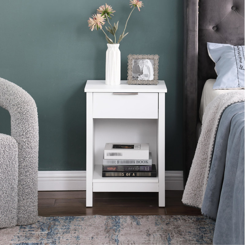 Table d'appoint rétro blanche à 3 pieds avec tiroir et tablette pour chambre à coucher, grand espace de rangement, montage rapide, table de chevet pratique avec tiroir, idéale pour la chambre ou le salon, spacieuse et facile à installer.