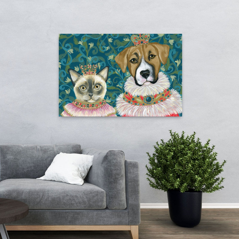 Art contemporain avec un chat et un roi, H 32 po x l 48 po
