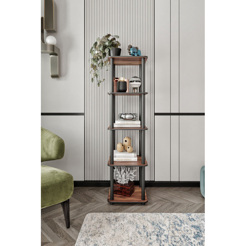 Bibliothèque moderne en noyer de 55,1 po x 55,1 po x 13,4 po | Fabrication 100% bois aggloméré avec pieds en kraft comprimé | Design industriel élégant, parfait pour le rangement et la présentation de la maison ou du bureau, finition durable et élégante