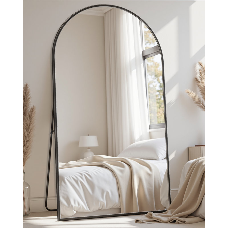 Arched Black Floor Mirror With Stand, 38x77 Inch Freestanding Full Body Mirror For Bedroom, Black, 72" x 44"