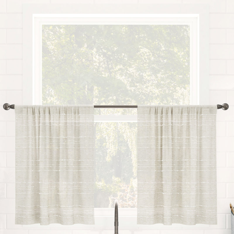 Clean Window Aya Textured Slub Stripe Linen Blend Sheer Rod Pocket Kitchen Curtain Tier Pair, Linen, 52" W x 24" H