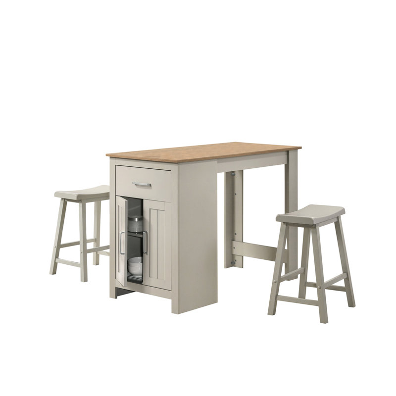 Table de salle à manger grise de 119 cm (47 po) et 2 tabourets confortables, fini chêne, placards, 1 tiroir, design gain de place avec table et placard, pour la maison