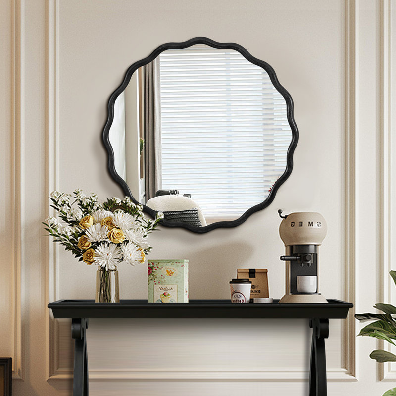 " wood wavy vanity mirror | modern wall decor for bathroom, bedroom, living room, dining room, cloakroom & entryway, Black