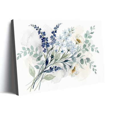 «Watercolor Soft Blue Wildflower Eucalyptus», reproduction d'impression sur toile tendue