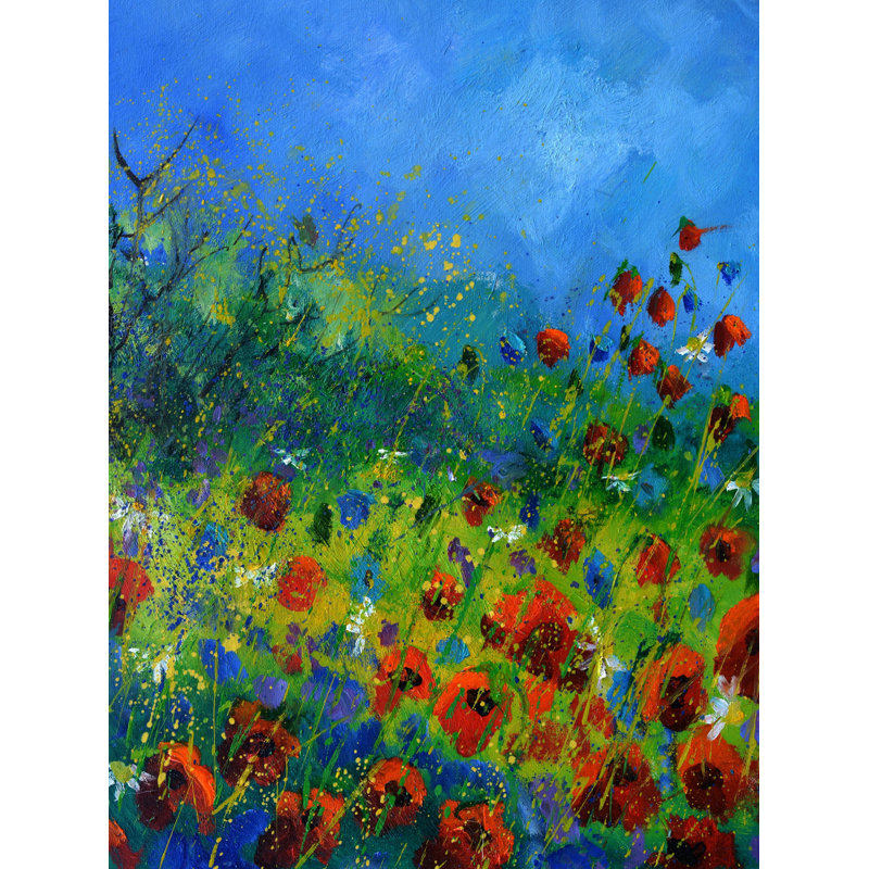 Coquelicots rouges par Pol Ledent - Peinture, H 31,25 po x l 25,25 po, Papier avec cadre noir