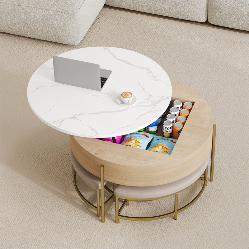 Table basse à plateau relevable avec rangement, Naturel
