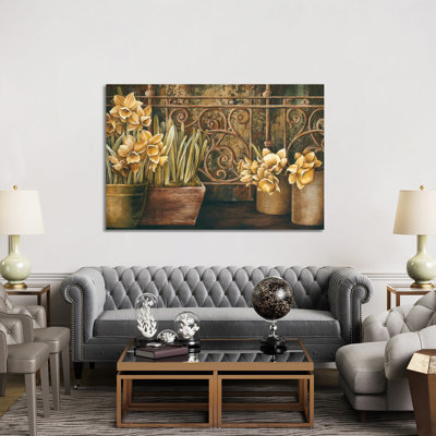 Ironwork With Daffodils by Linda Thompson - Wrapped Canvas Painting