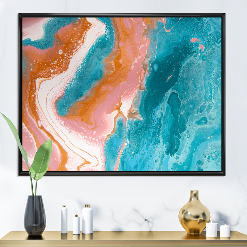 Turquoise et vagues de marbre rose II - peinture sur toile, H 16 po x l 32 po x P 1 po, Cadre flottant noir