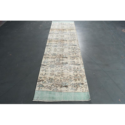 Vintage Turkish Oushak Runner in Beige with Soft Washable Floral Design for Hallways