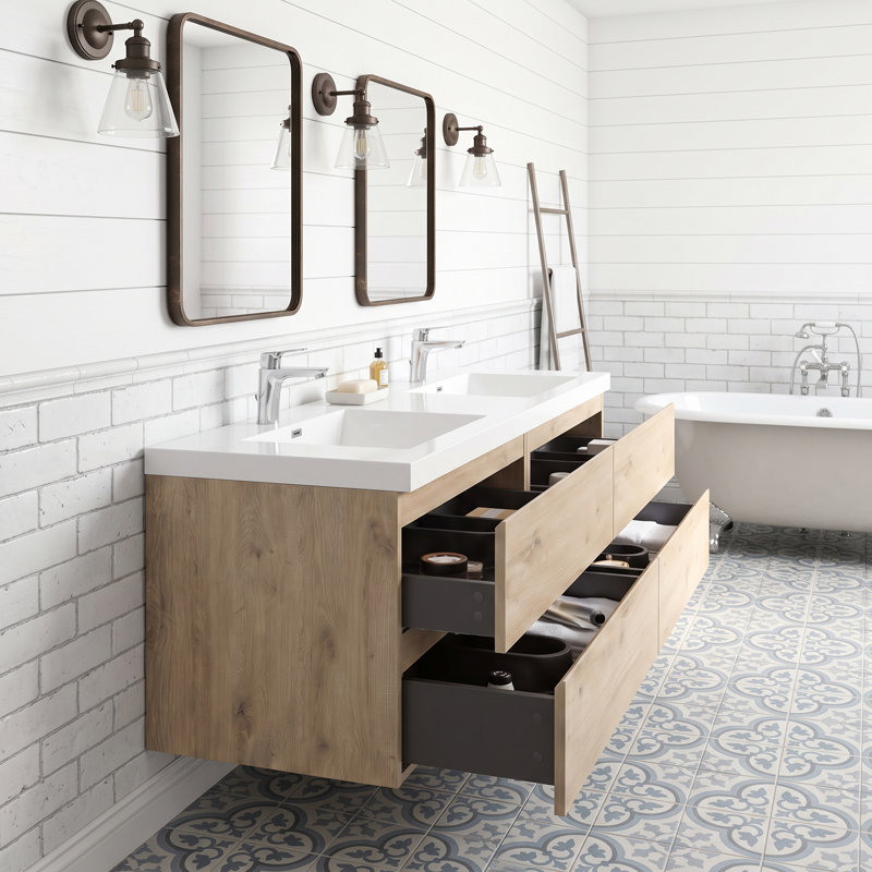 Meuble-lavabo mural étanche de 72 pouces en bois fabriqué avec lavabo intégré en résine, rangement à fermeture en douceur et préassemblé
