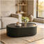 Table basse de rangement ovale cachée 33,46 po - Plateau en verre trempé certifié 3C et cuir noir de qualité supérieure, table basse de rangement moderne pour le salon