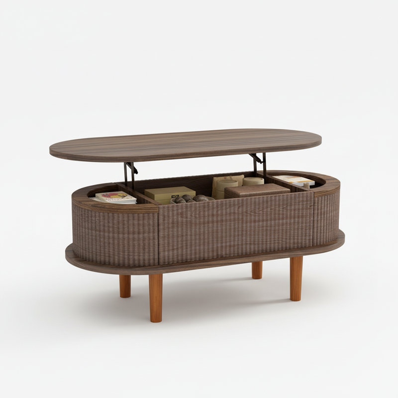 Modern Fluted Lift Top Coffee Table, Walnut Wood Grain Center Table With 3 Hidden Storage Compartments, Stable Hydraulic Mechanism For Living Room & Office | Gift Idea