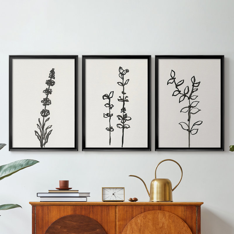 Encre botanique croquis VII - Toile tendue avec châssis encadré - 3 pièces, Noir, H 21 po x l 30 po