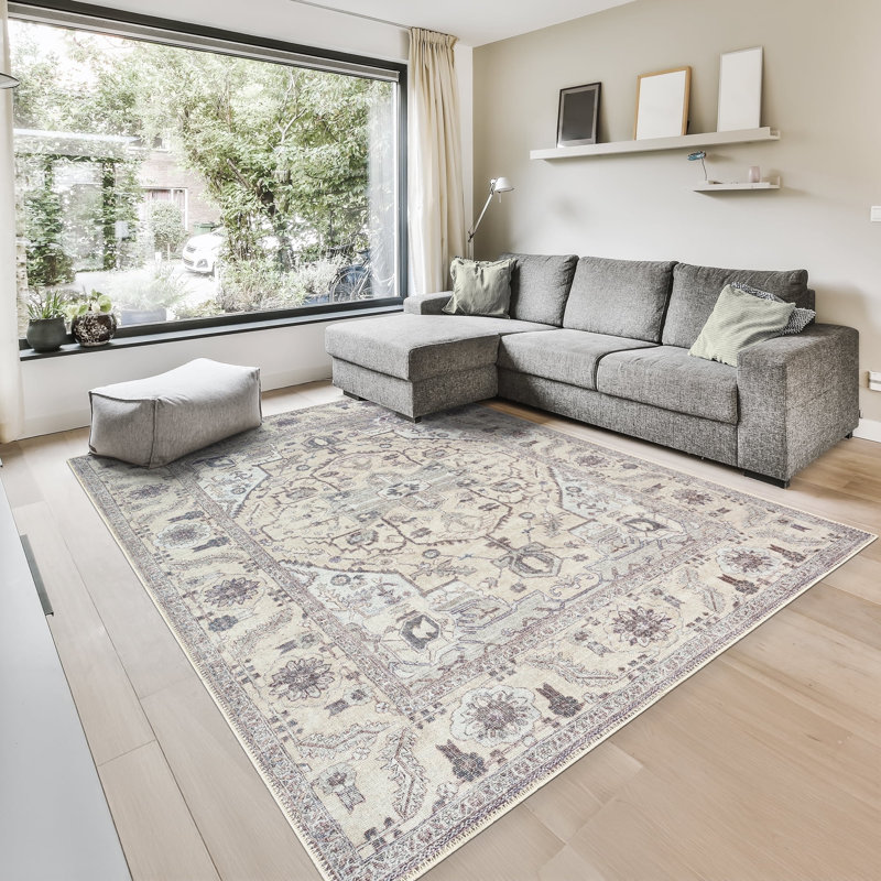 GLN Rugs Traditional Collection - Machine Washable Area Rug, Bohemian Vintage Washable Rug, Non Slip Area Rug, Low Pile Chenille Living Room Rug, Bedroom Rug, Bathroom Rug (Beige and Gray Rug)