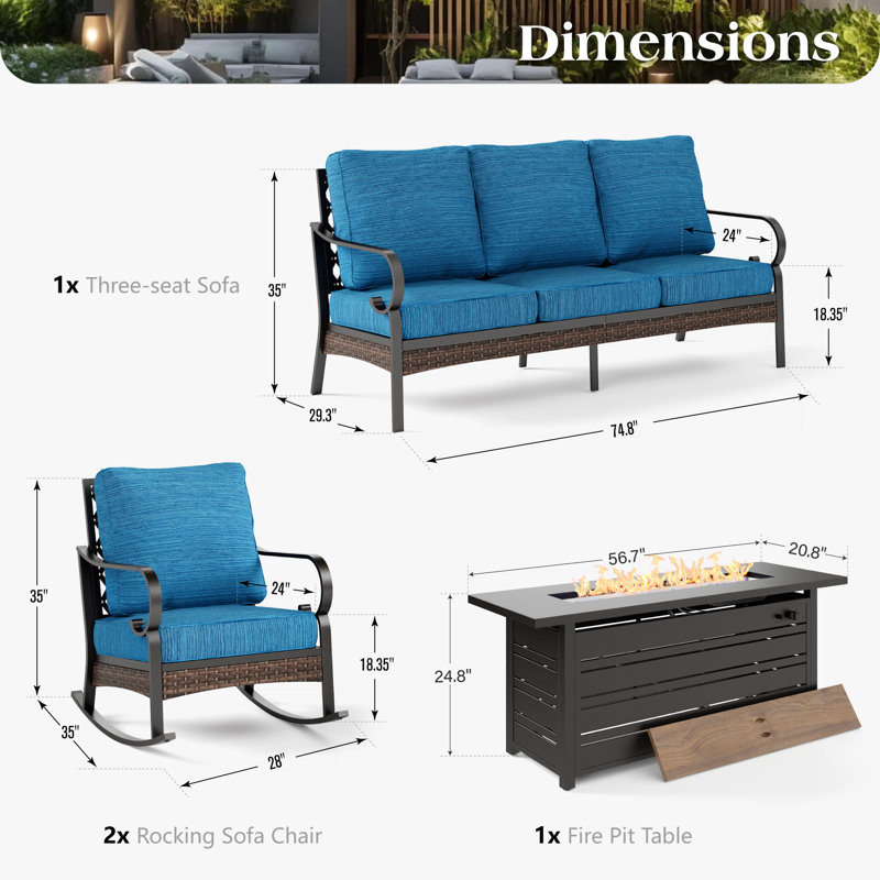 Ensemble de conversation à 5 places avec chaises berçantes et foyer, Noir / bleu paon / noir